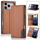 Funda tipo billetera N.BEKUS P3 color marrón para iPhone 17 Pro Max cerrada y abierta con tarjetero