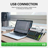 Mezclador DEBRA V8 conectado por USB a un notebook