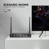 Receptor DEBRA AU-400 sobre un mueble de televisión