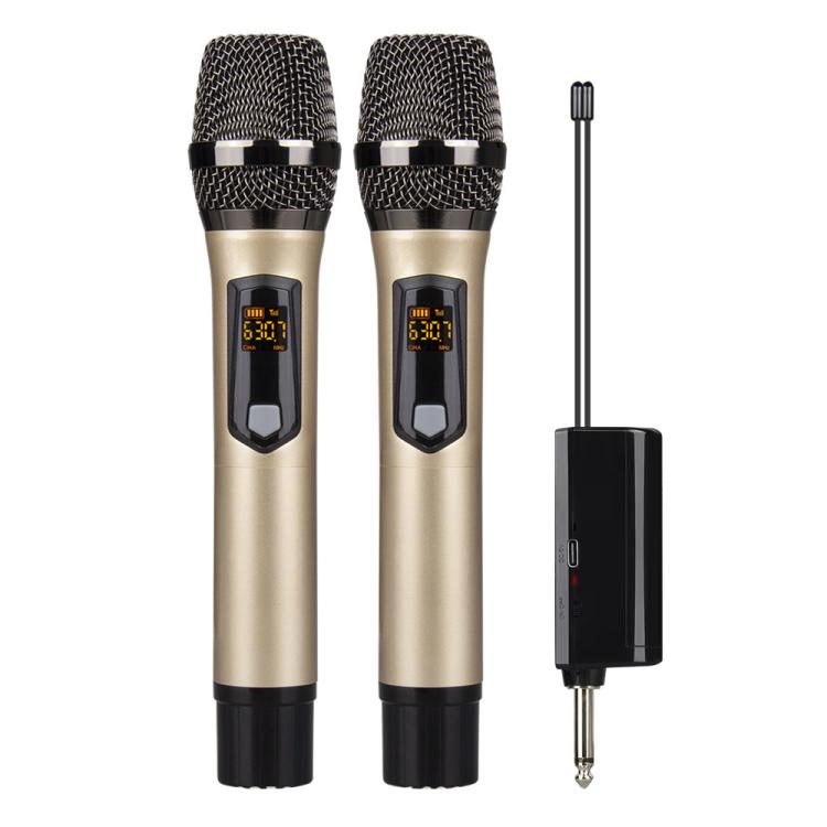 Dos micrófonos inalámbricos DEBRA A-25 dorados con mini receptor de 6,35 mm