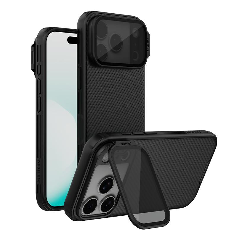 Carcasa NILLKIN CamShield Prop iPhone 18 Pro negra texturizada con tapa de cámara abierta como soporte