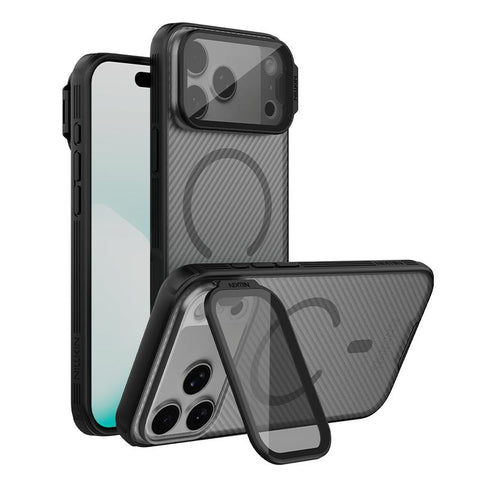 Carcasa NILLKIN CamShield Prop iPhone 18 Pro Max negra translúcida con tapa de cámara abierta como soporte