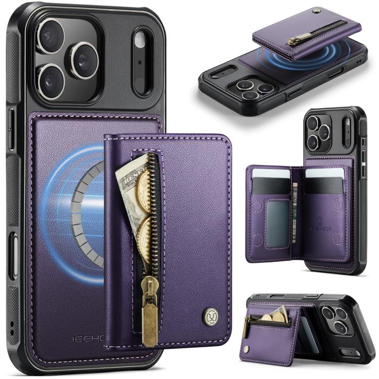 Carcasa JEEHOOD J12 color morado para iPhone 17 Pro con tarjetero magnético y bolsillo con cierre