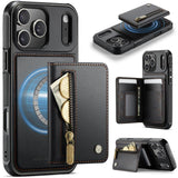 Carcasa JEEHOOD J12 color negro para iPhone 17 Pro con tarjetero magnético y bolsillo con cierre