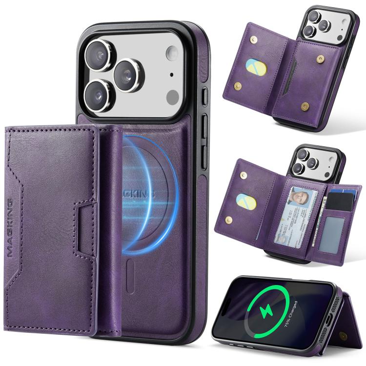 Carcasa MAGKING K4 color morado para iPhone 17 Pro con billetera tarjetero y soporte