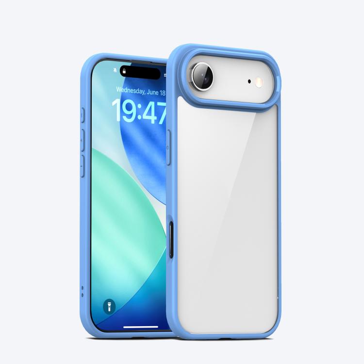 Carcasa iPAKY para iPhone Air con marco azul y espalda transparente, vista trasera y frontal