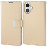 Funda billetera Goospery Rich Diary para iPhone 17 color dorado, tapa cerrada y parte trasera
