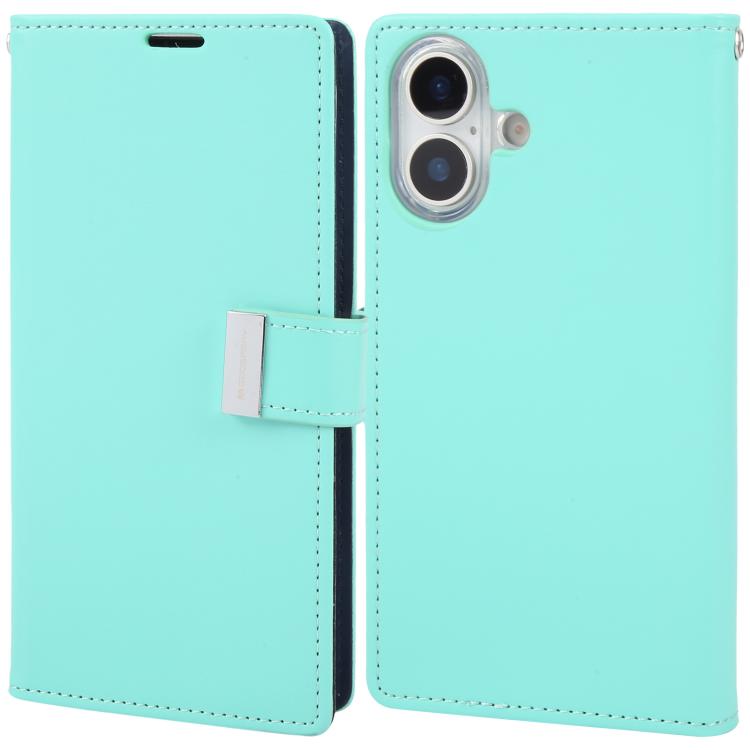 Funda billetera Goospery Rich Diary para iPhone 17 color verde menta, tapa cerrada y parte trasera