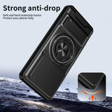 Carcasa antigolpes de doble material PC y TPU protegiendo el celular sobre superficie rocosa