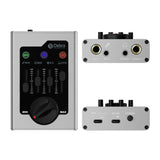 Tarjeta de sonido DEBRA GBA plateada con sus conexiones superiores e inferiores
