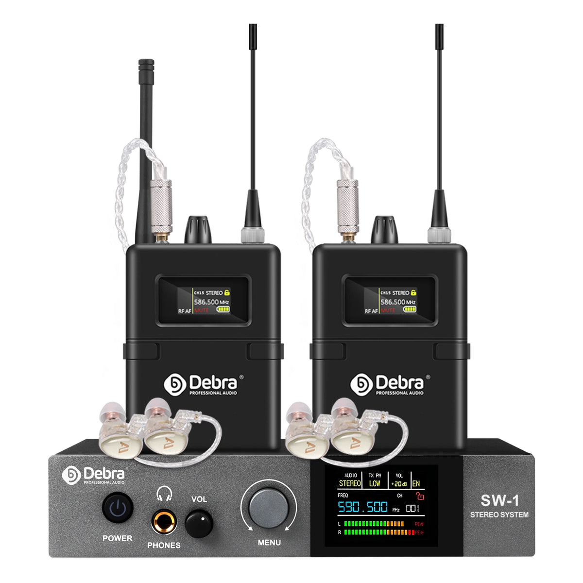 Sistema in ear DEBRA SW-1 con transmisor metálico y 2 receptores con audífonos