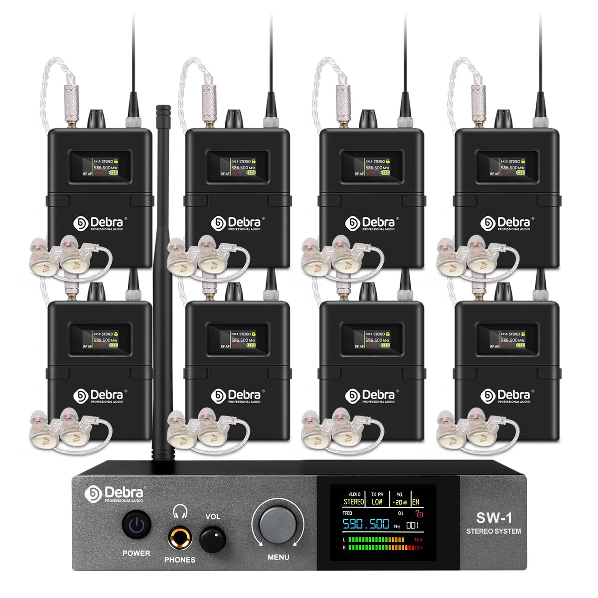 Sistema in ear DEBRA SW-1 con transmisor metálico y 8 receptores con audífonos