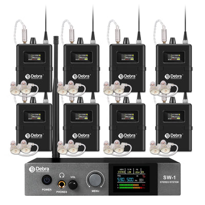 Sistema in ear DEBRA SW-1 con transmisor metálico y 8 receptores con audífonos
