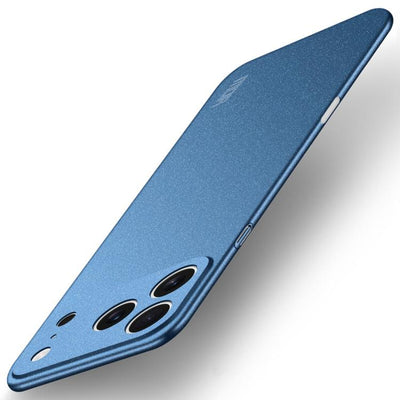 Carcasa MOFI Fandun color azul para iPhone 17 Pro Max, vista trasera en ángulo