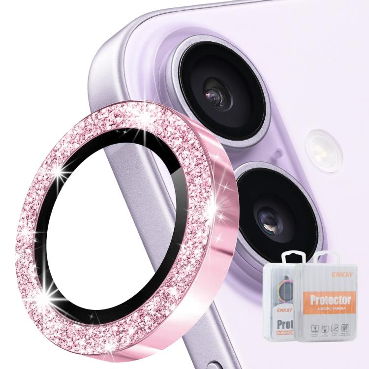 Protector de lente ENKAY rosa con purpurina sobre la cámara del iPhone 17