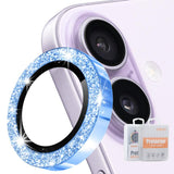 Protector de lente ENKAY azul con purpurina sobre la cámara del iPhone 17