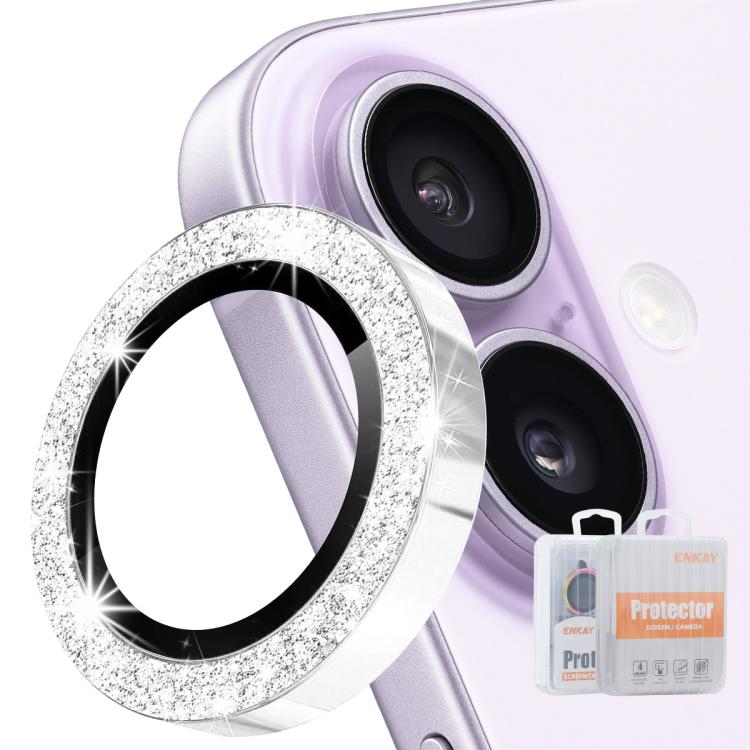 Protector de lente ENKAY plateado con purpurina sobre la cámara del iPhone 17
