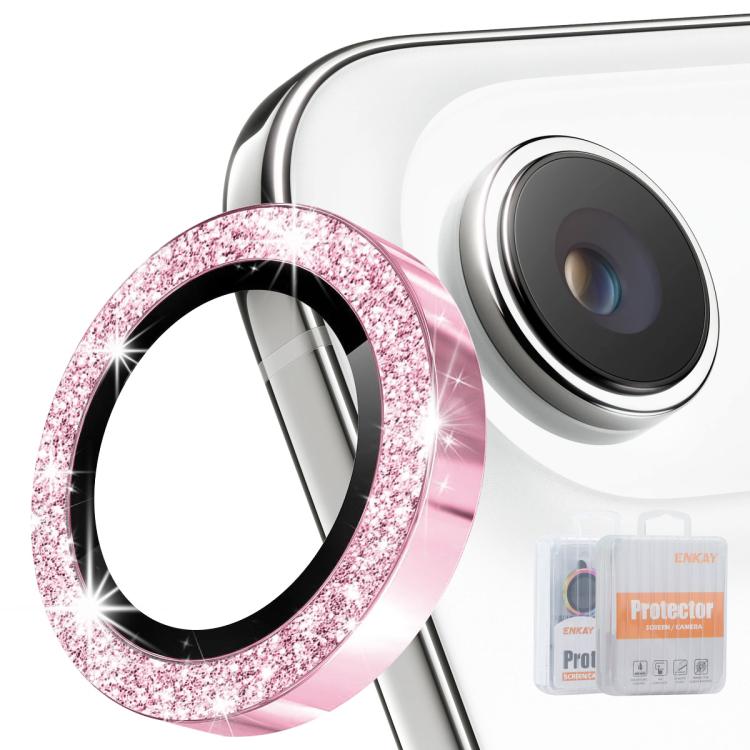 Protector de lente ENKAY rosa con purpurina sobre la cámara del iPhone Air