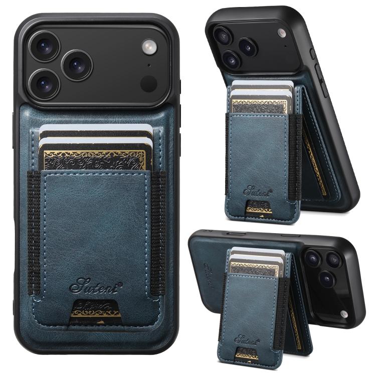 Carcasa Suteni H17 color azul para iPhone 17 Pro Max con tarjetero magnético y modo soporte