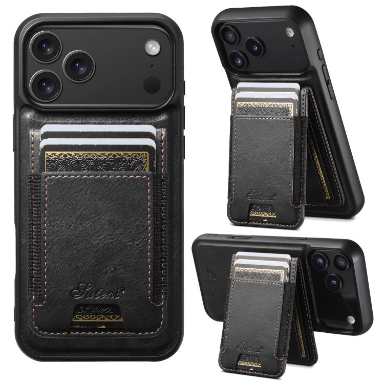 Carcasa Suteni H17 color negro para iPhone 17 Pro con tarjetero magnético y modo soporte