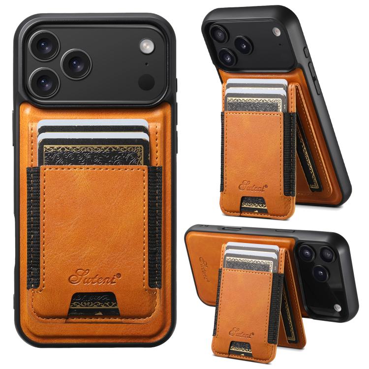 Carcasa Suteni H17 color caramelo para iPhone 17 Pro con tarjetero magnético y modo soporte