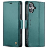 Funda tipo billetera CaseMe 023 color verde para iPhone 17, tapa cerrada y vista trasera