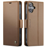 Funda tipo billetera CaseMe 023 color café para iPhone 17, tapa cerrada y vista trasera
