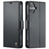 Funda tipo billetera CaseMe 023 color negro para iPhone 17, tapa cerrada y vista trasera