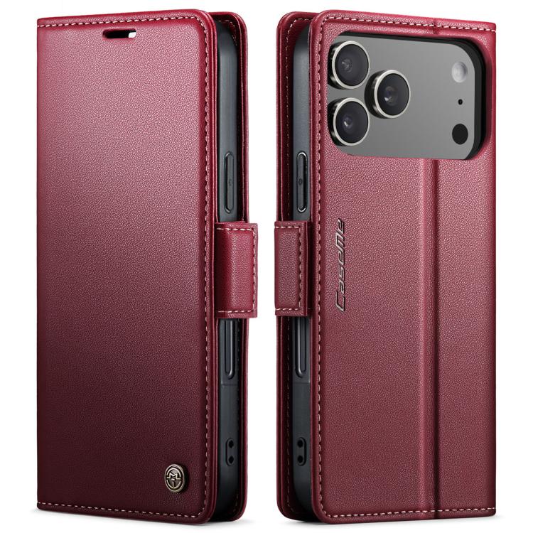 Funda tipo billetera CaseMe 023 color burdeo para iPhone 17 Pro Max, tapa cerrada y vista trasera