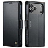 Funda tipo billetera CaseMe 023 color negro para iPhone 17 Pro Max, tapa cerrada y vista trasera