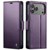 Funda tipo billetera CaseMe 023 color morado para iPhone 17 Pro Max, tapa cerrada y vista trasera