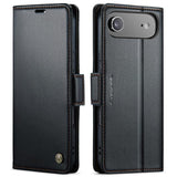 Funda tipo billetera CaseMe 023 color negro para iPhone Air, tapa cerrada y vista trasera