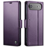 Funda tipo billetera CaseMe 023 color morado para iPhone Air, tapa cerrada y vista trasera