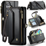 Funda tipo billetera CaseMe C36 color negro para iPhone 17, cerrada y abierta con tarjetas