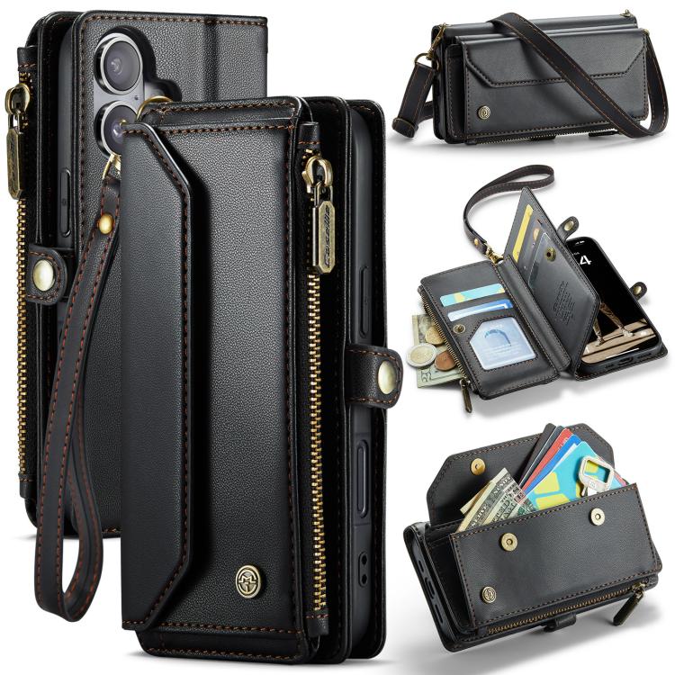 Funda tipo billetera CaseMe C36 color negro para iPhone 17, cerrada y abierta con tarjetas