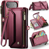 Funda tipo billetera CaseMe C36 color burdeo para iPhone Air, cerrada y abierta con tarjetas
