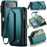 Funda tipo billetera CaseMe C36 color verde azulado para iPhone Air, cerrada y abierta con tarjetas
