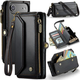 Funda tipo billetera CaseMe C36 color negro para iPhone Air, cerrada y abierta con tarjetas