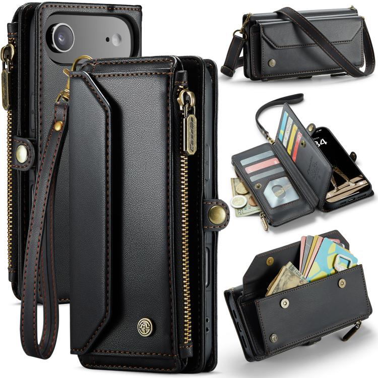 Funda tipo billetera CaseMe C36 color negro para iPhone Air, cerrada y abierta con tarjetas