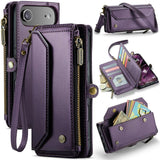 Funda tipo billetera CaseMe C36 color morado para iPhone Air, cerrada y abierta con tarjetas