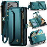 Funda tipo billetera CaseMe C36 color verde azulado para iPhone 17 Pro, cerrada y abierta con tarjetas