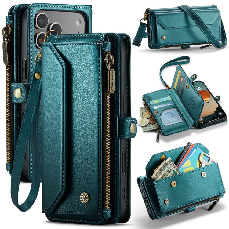 Funda tipo billetera CaseMe C36 color verde azulado para iPhone 17 Pro, cerrada y abierta con tarjetas