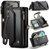 Funda tipo billetera CaseMe C36 color negro para iPhone 17 Pro, cerrada y abierta con tarjetas