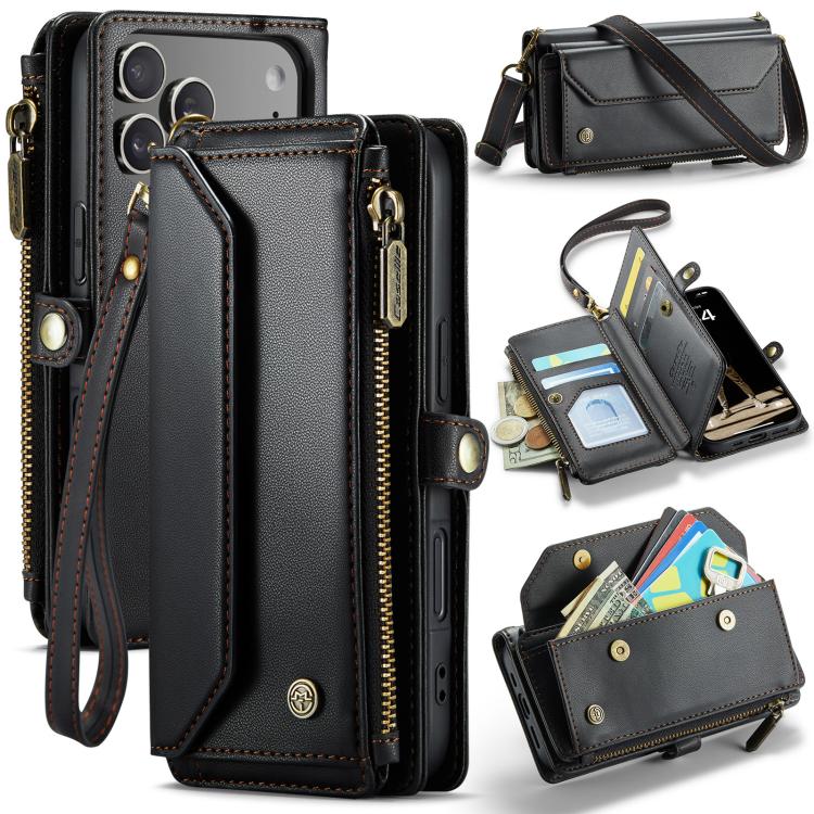 Funda tipo billetera CaseMe C36 color negro para iPhone 17 Pro, cerrada y abierta con tarjetas