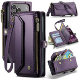 Funda tipo billetera CaseMe C36 color morado para iPhone 17 Pro, cerrada y abierta con tarjetas
