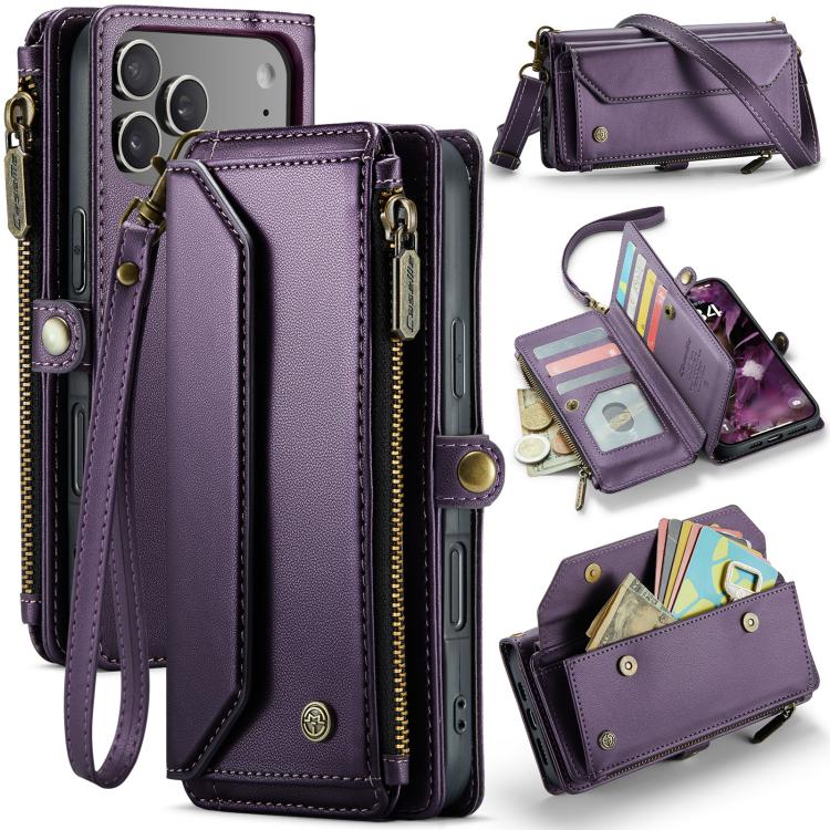 Funda tipo billetera CaseMe C36 color morado para iPhone 17 Pro Max, cerrada y abierta con tarjetas