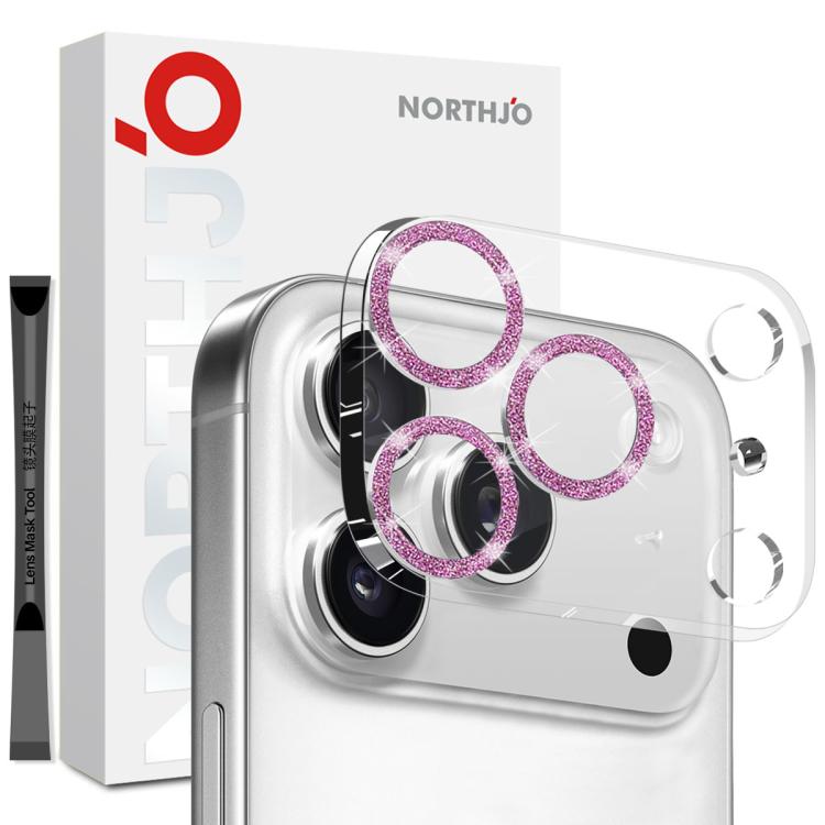 Protector de lente NORTHJO para iPhone 17 Pro con anillo rosa brillante instalado en la cámara