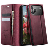 Funda tipo billetera CaseMe 033 color rojo vino para iPhone 17 Pro Max, abierta y cerrada