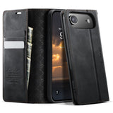 Funda tipo billetera CaseMe 033 color negro para iPhone Air, abierta y cerrada
