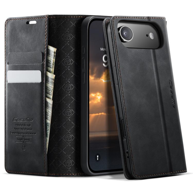Funda tipo billetera CaseMe 033 color negro para iPhone Air, abierta y cerrada